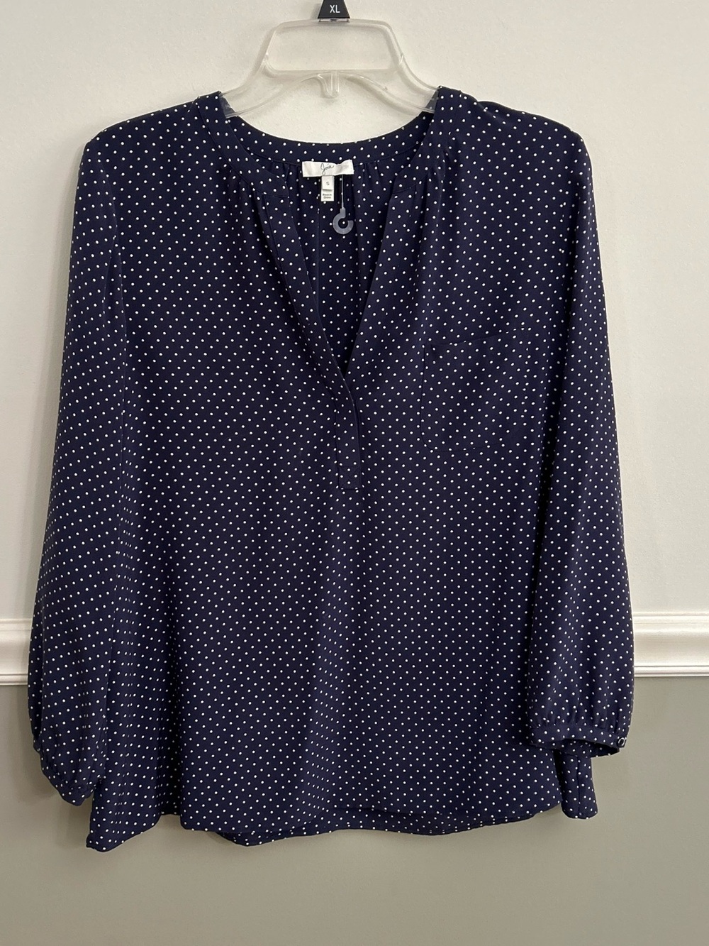 Joie Polka Dot Silk Blouse Navy Blue White V-Neck Long Sleeve Size Small